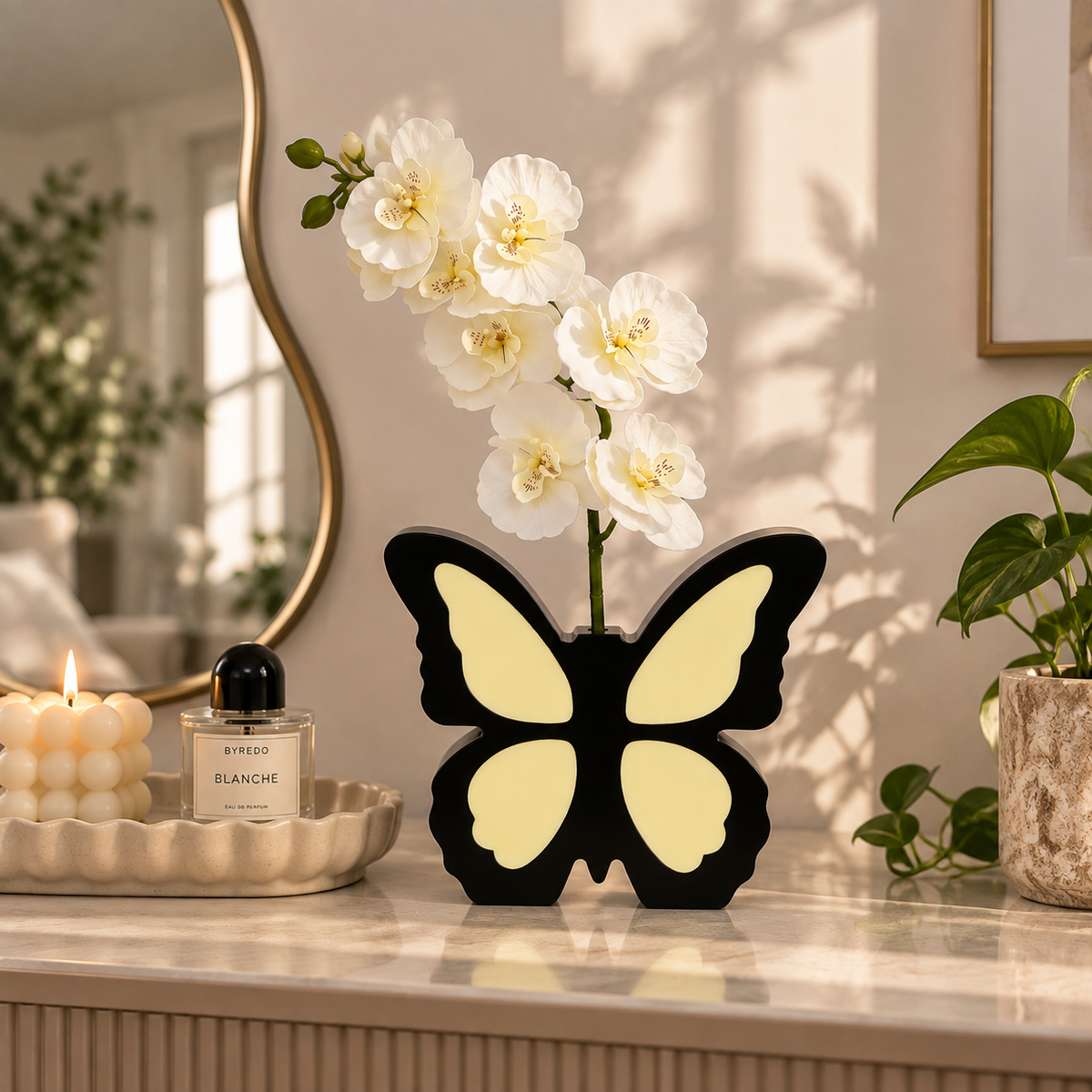 Black Butterfly Vase with White Orchid