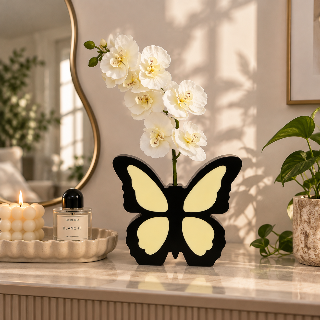 Black Butterfly Vase with White Orchid