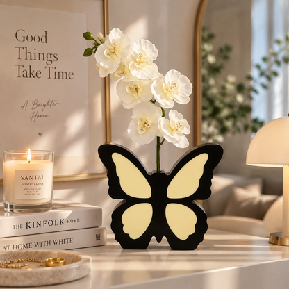 Black Butterfly Vase with White Orchid