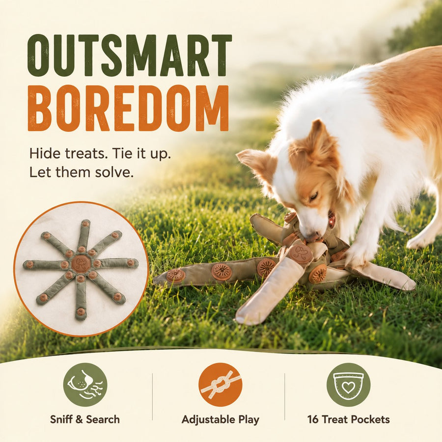 Dog enjoying a Dogtopus treat hunt outdoors, showing the open fabric-arm toy and its Eniethozorqa dog logo