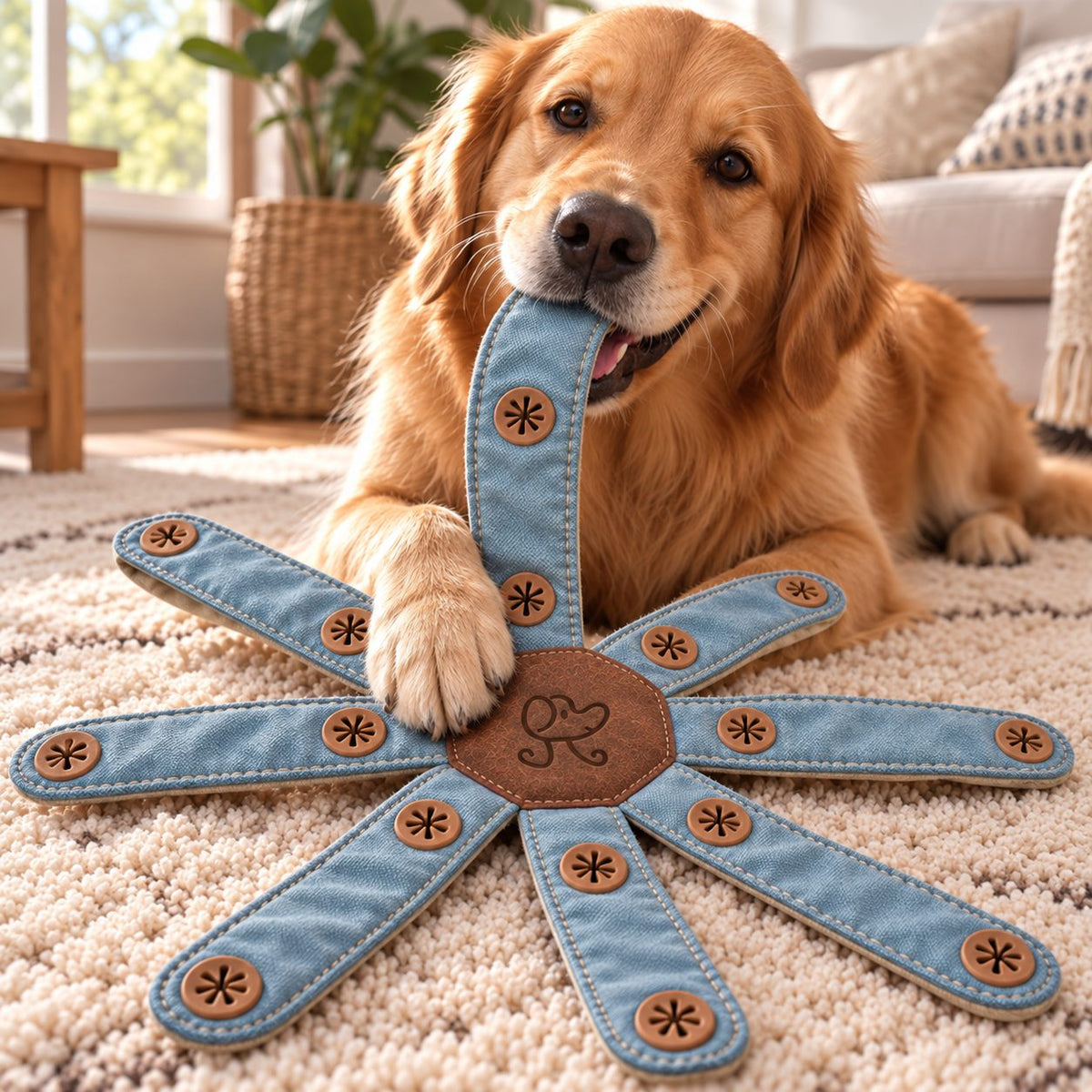 Golden retriever playing with the long fabric arms of a Eniethozorqa Dogtopus, with the dog logo on its central patch