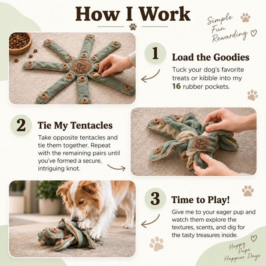 Three steps: put kibble in the small arm pockets, tie opposite fabric arms and let the dog explore