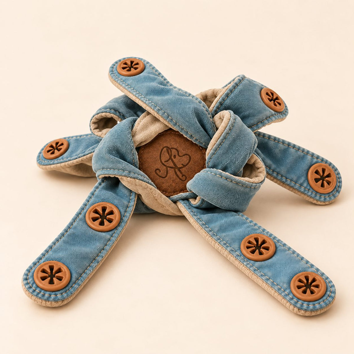 Loosely tied Dogtopus fabric arms with small treat openings and the Eniethozorqa dog logo on the brown center patch