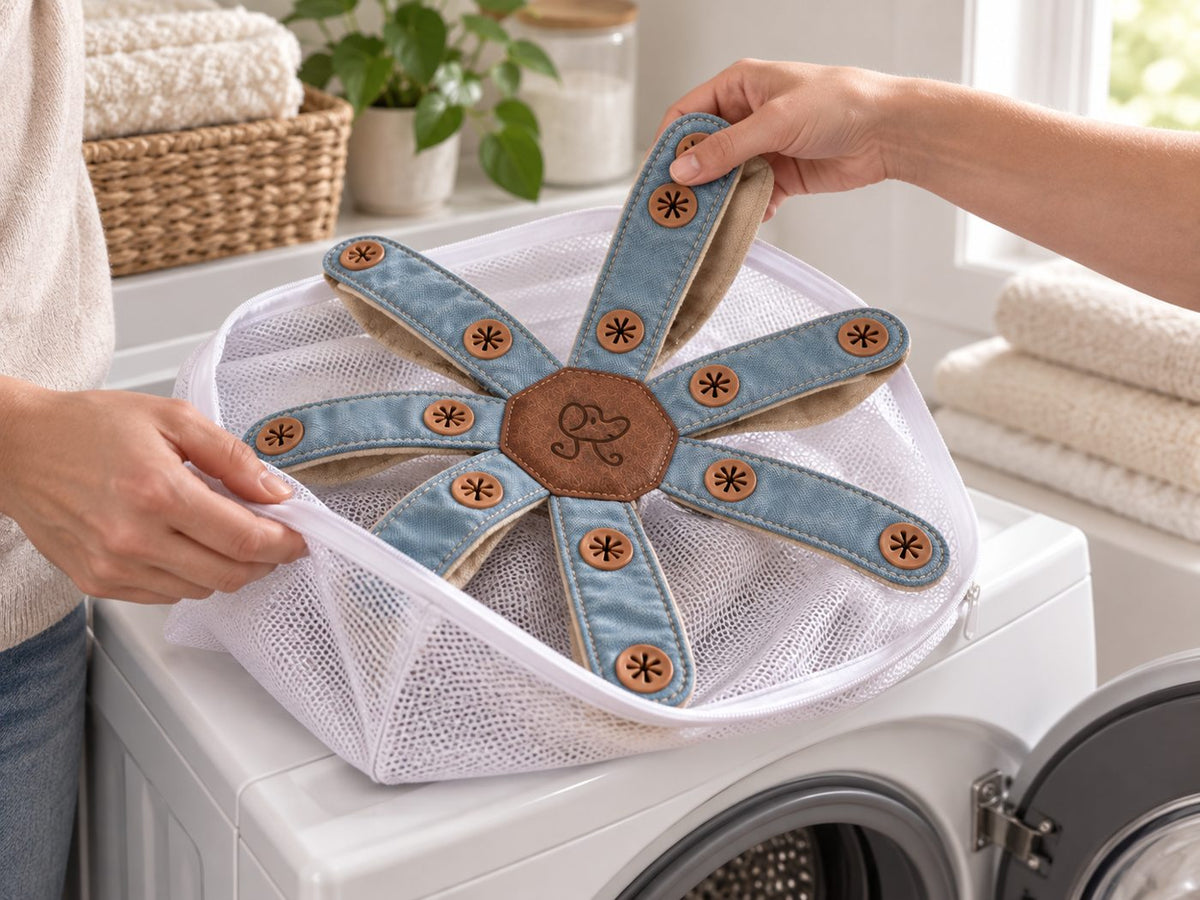 Untied Dogtopus placed in a mesh laundry bag on a washing machine